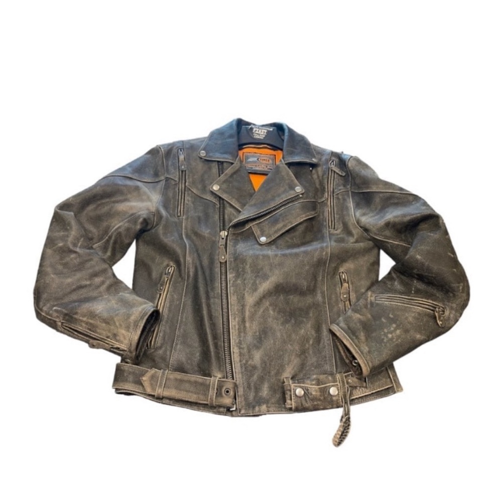 First Gear Heavily Distressed Leather Motorcycle Jacket